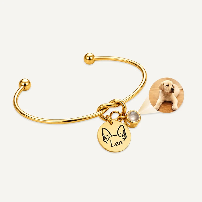 Bracelet Personnalisé Oreilles de Chiens, Prénom et Projection Photo Or