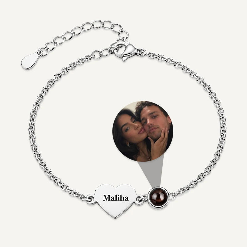 Bracelet Photo Projection et Cœur Prénom Argent