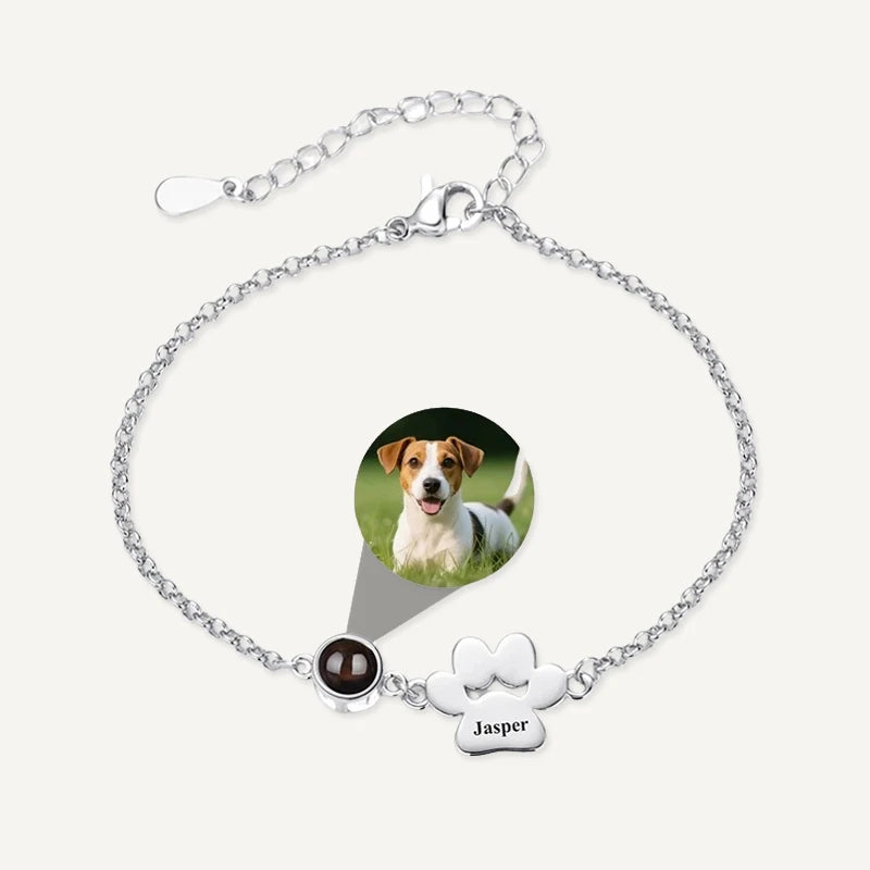 Bracelet Photo Projection et Prénom Patte de Chien Argent