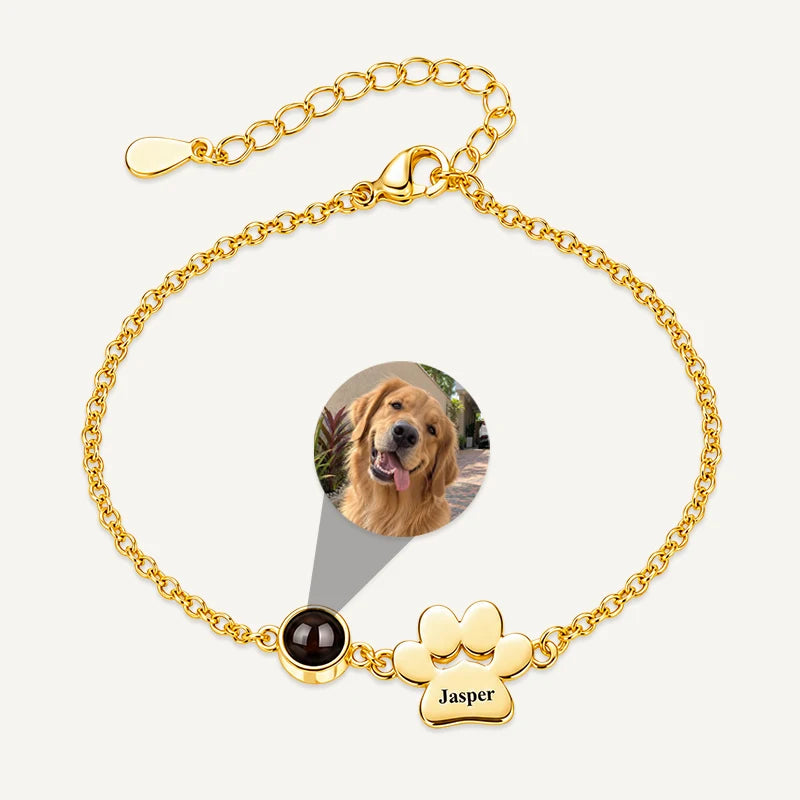Bracelet Photo Projection et Prénom Patte de Chien Or