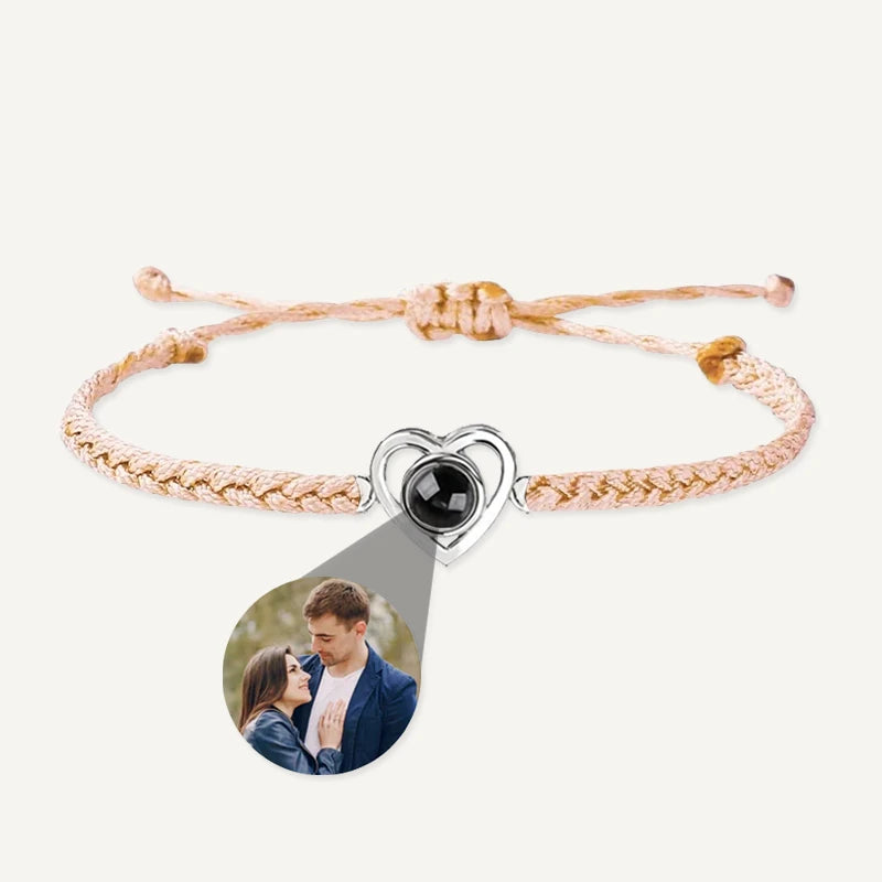 Bracelet Tressé Cœur avec Projection Photo Personnalisée Beige