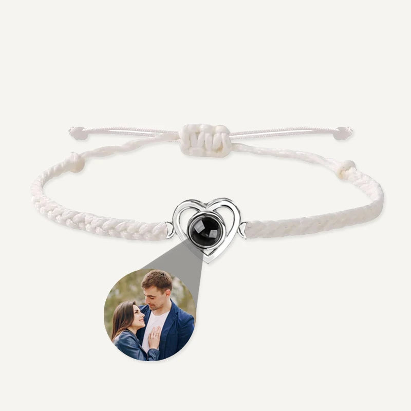 Bracelet Tressé Cœur avec Projection Photo Personnalisée Blanc