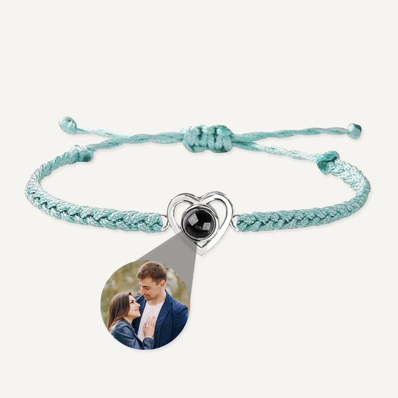 Bracelet Tressé Cœur avec Projection Photo Personnalisée Bleu Clair