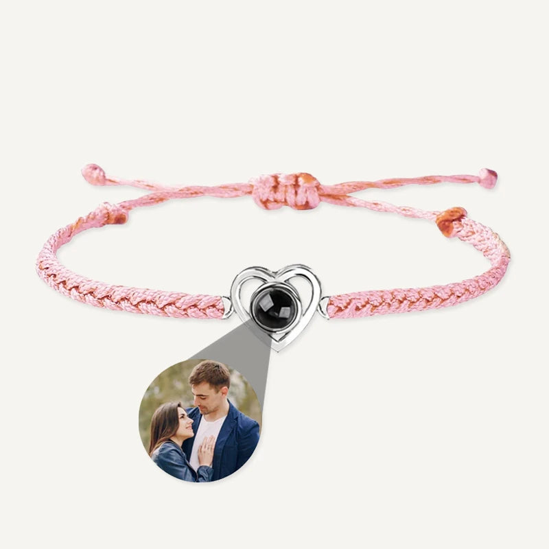 Bracelet Tressé Cœur avec Projection Photo Personnalisée Rose