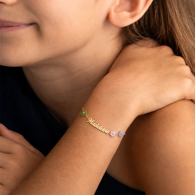 Bracelet Prénom Enfant à Fleurs Colorées Enfant