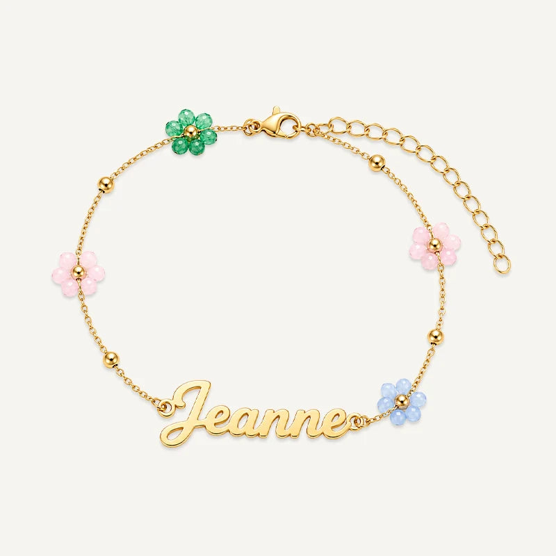 Bracelet Prénom Enfant à Fleurs Colorées Or