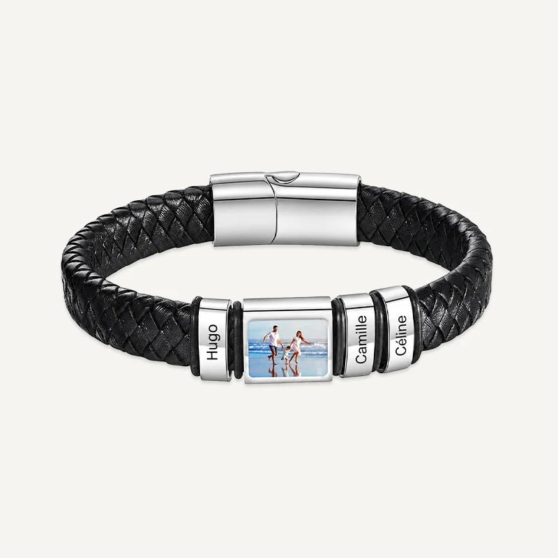 Bracelet Homme Photo avec Prénoms Gravés Argent 3 Prénoms