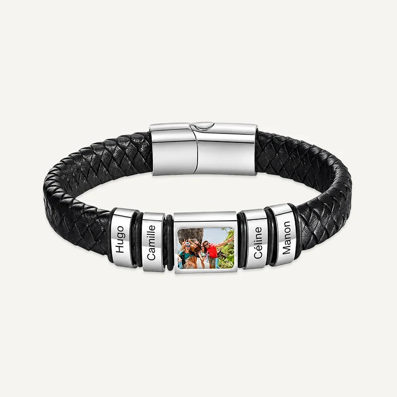 Bracelet Homme Photo avec Prénoms Gravés Argent 4 Prénoms
