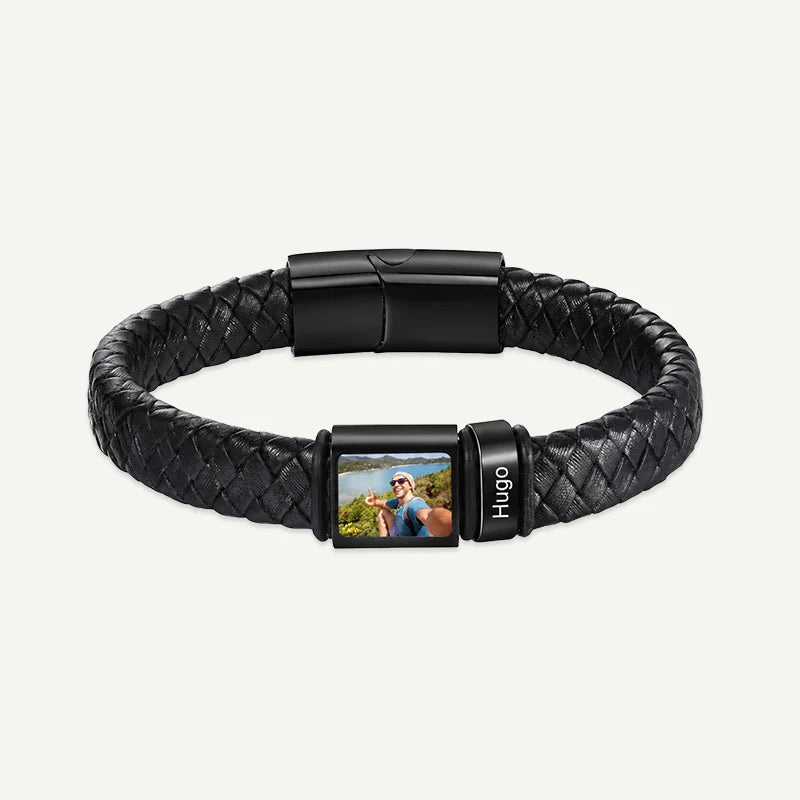 Bracelet Homme Photo avec Prénoms Gravés Noir 1 Prénom