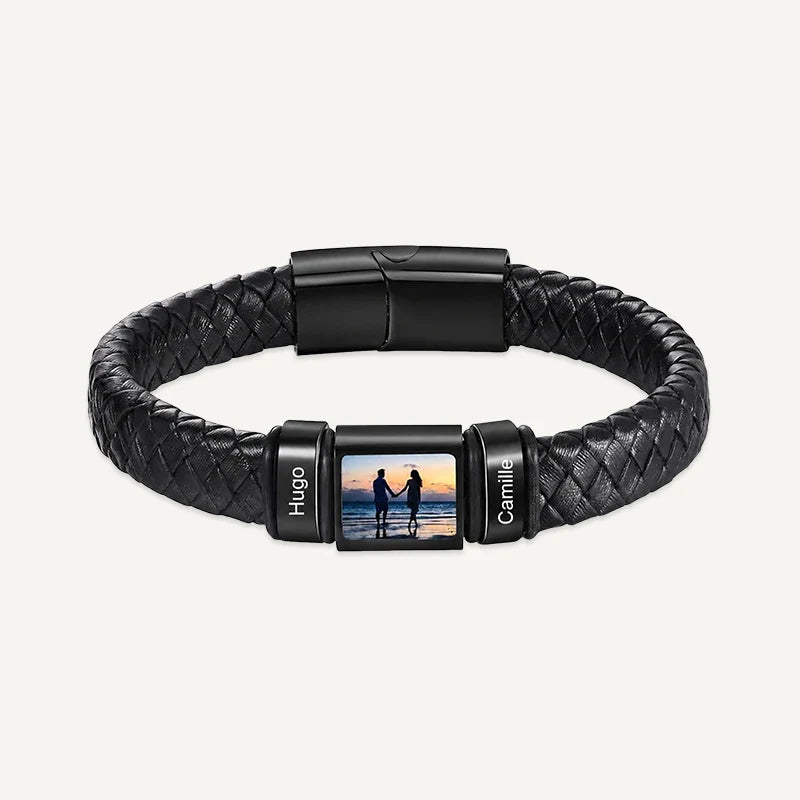 Bracelet Homme Photo avec Prénoms Gravés Noir 2 Prénoms