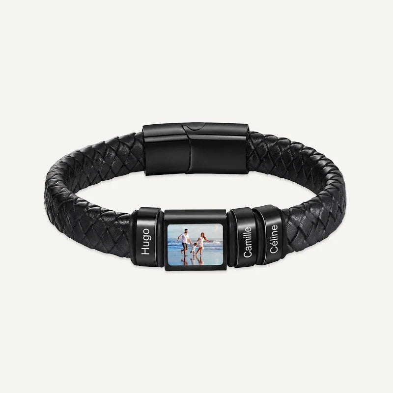 Bracelet Homme Photo avec Prénoms Gravés Noir 3 Prénoms