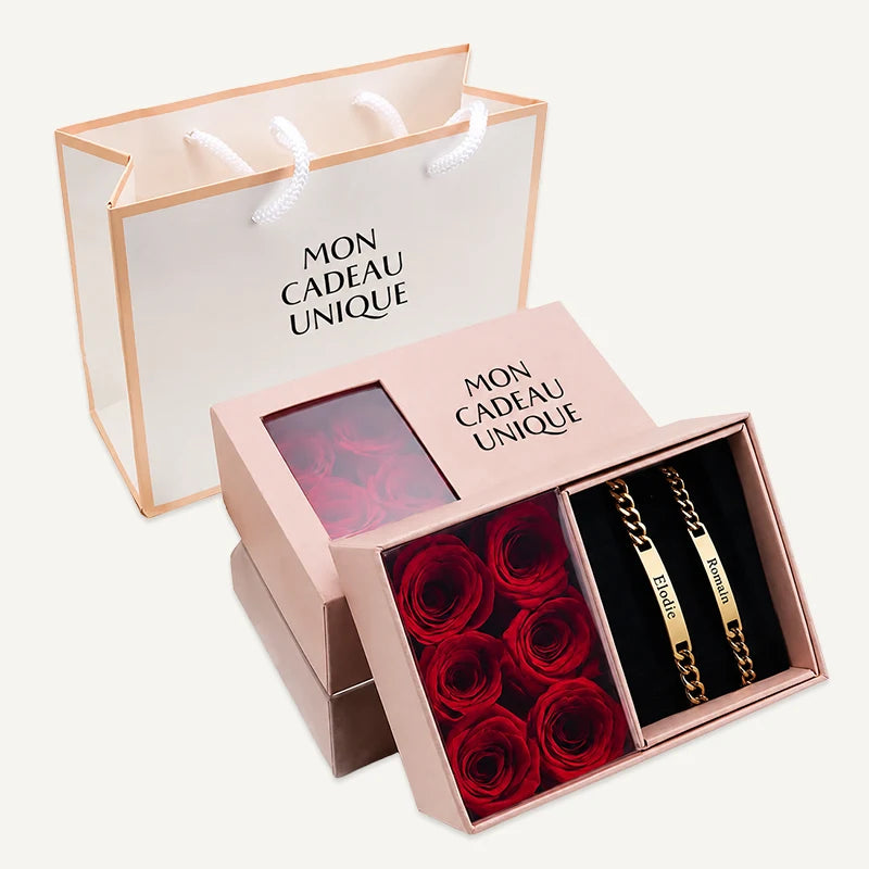 Bracelets Personnalisés pour Couple avec Coffret Rose Éternelle