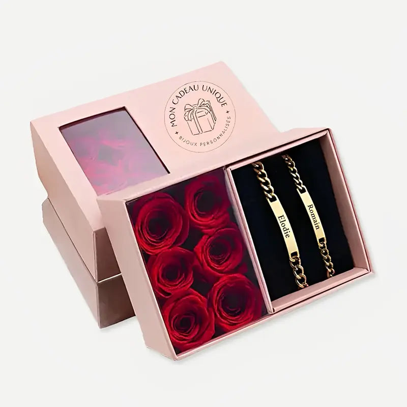 Bracelets Personnalisés pour Couple avec Coffret Rose Éternelle