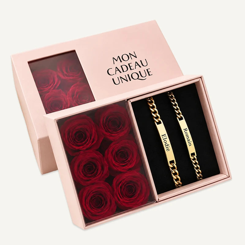 Bracelets Personnalisés pour Couple avec Coffret Rose Éternelle