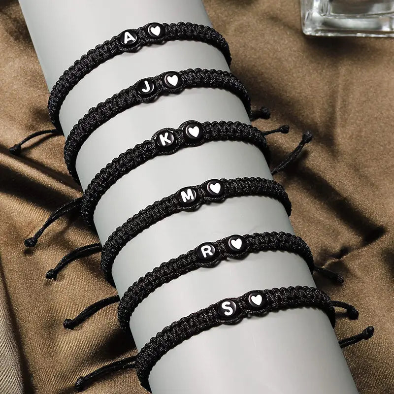 Bracelets Tressés Noirs pour Couple avec Initiales Tissu