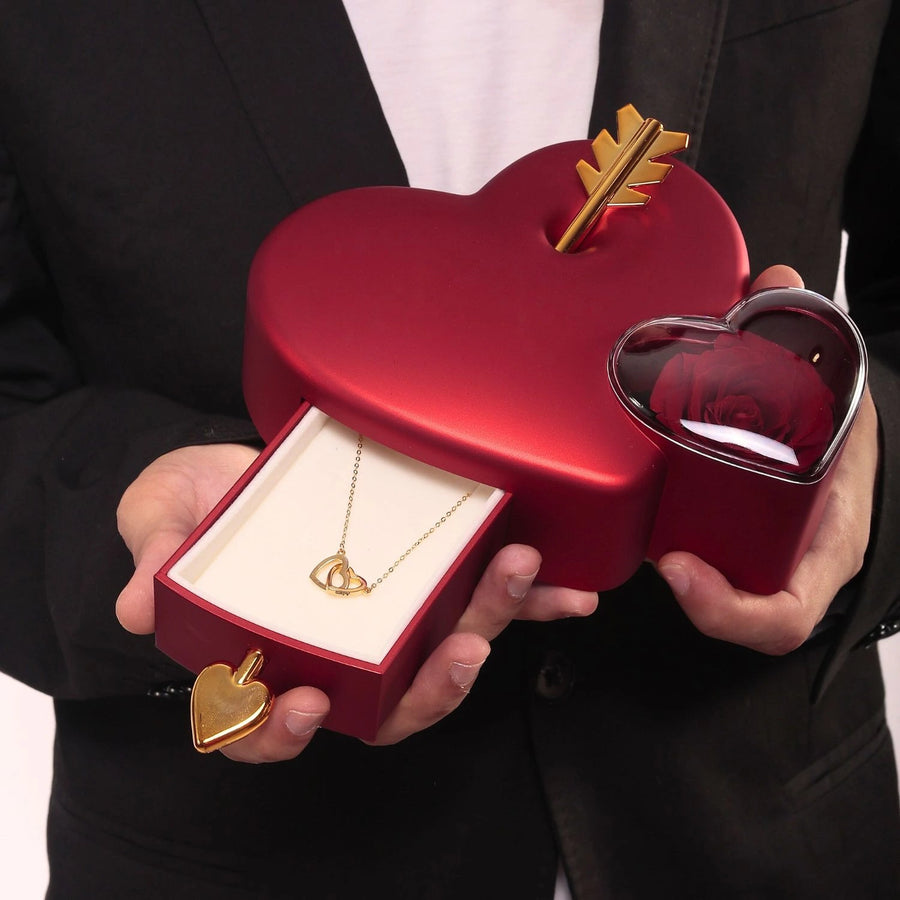 Cœur Rose Éternelle et Collier Personnalisé Gravé