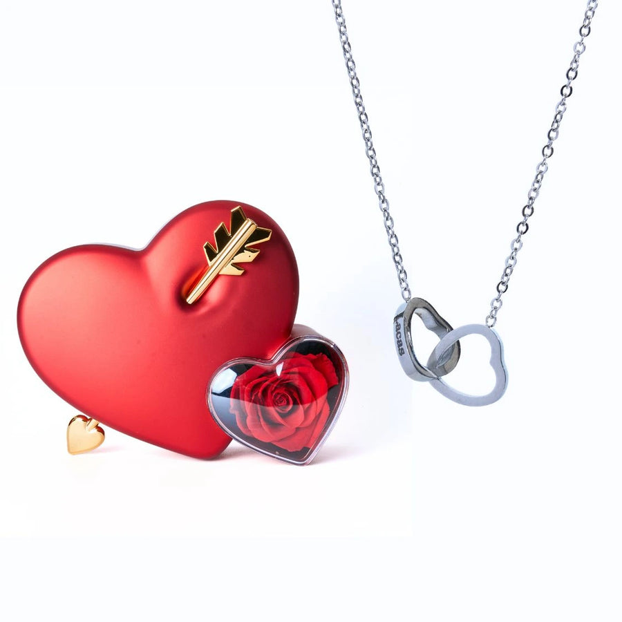 Cœur Rose Éternelle et Collier Personnalisé Rouge Argent