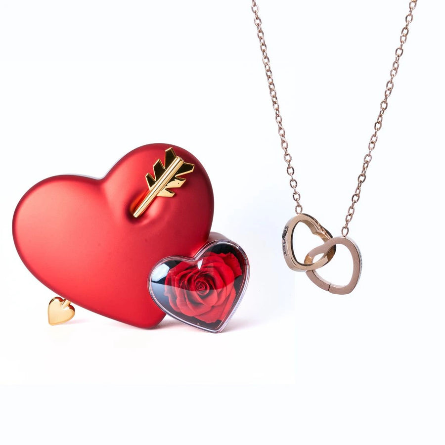Cœur Rose Éternelle et Collier Personnalisé Rouge Or Rose
