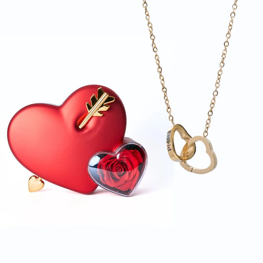 Cœur Rose Éternelle et Collier Personnalisé Rouge Or
