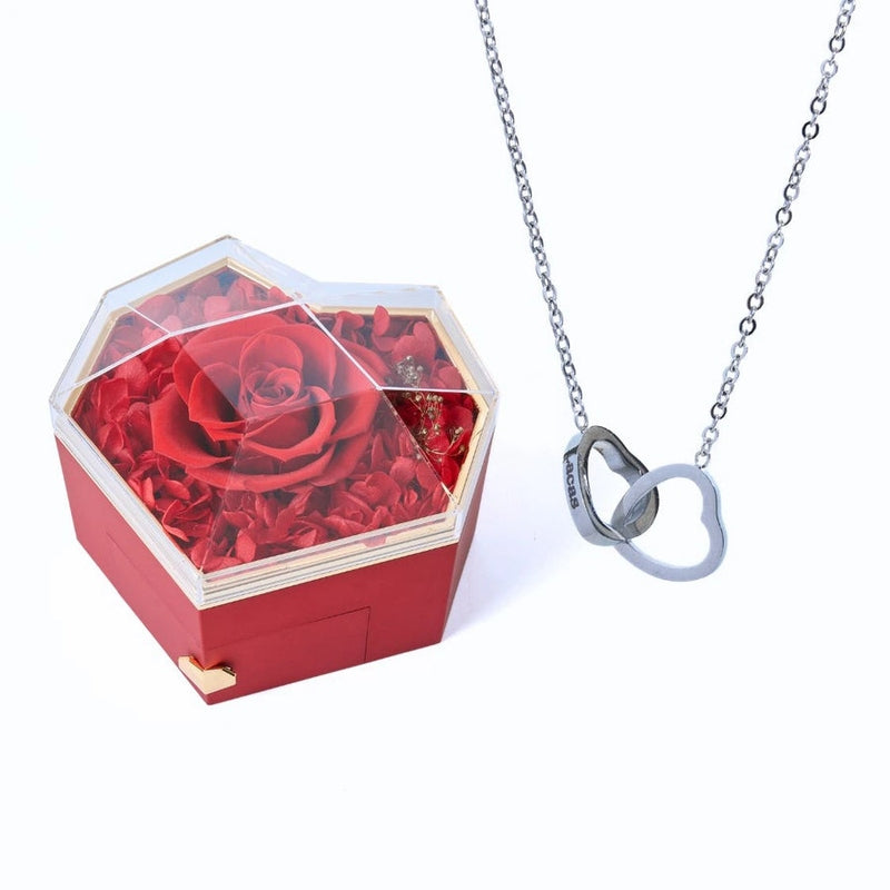 Coffret Cœur Rose Éternelle et Collier Personnalisé Rouge Argent
