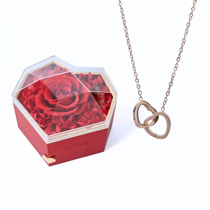 Coffret Cœur Rose Éternelle et Collier Personnalisé Rouge Or Rose