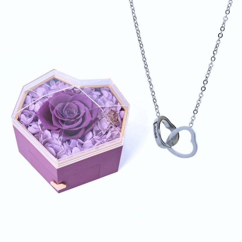 Coffret Cœur Rose Éternelle et Collier Personnalisé Violet Argent