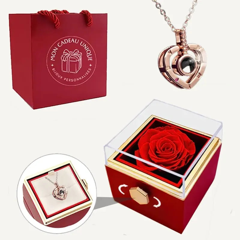 Coffret Rose Éternelle avec Collier Je t'Aime 100 Langues