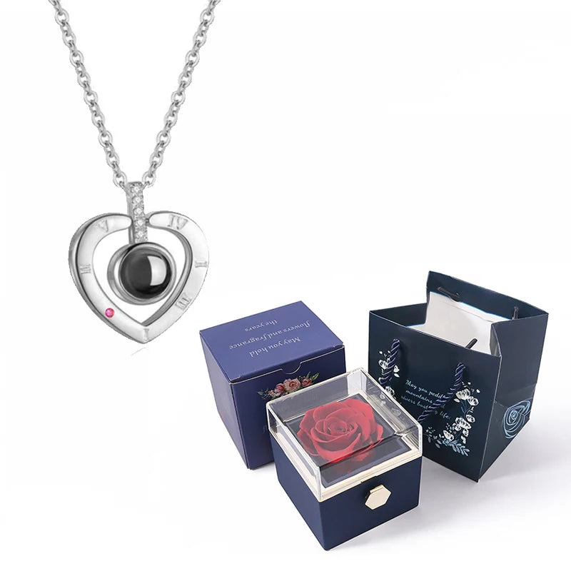 Coffret Rose Éternelle avec Collier Je t'Aime 100 Langues