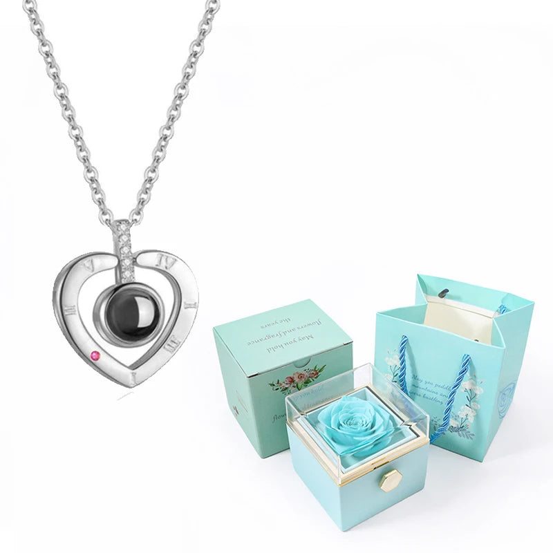 Coffret Rose Éternelle avec Collier Je t'Aime 100 Langues