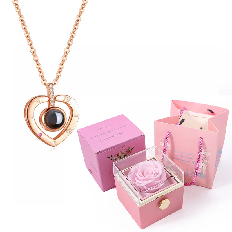 Coffret Rose Éternelle avec Collier Je t'Aime 100 Langues
