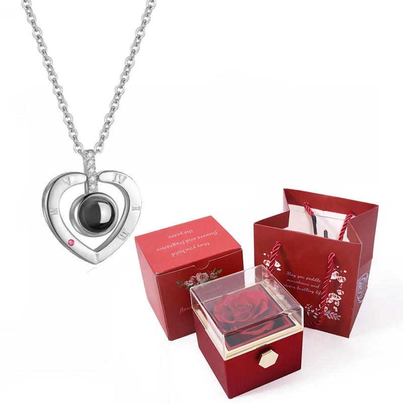 Coffret Rose Éternelle avec Collier Je t'Aime 100 Langues