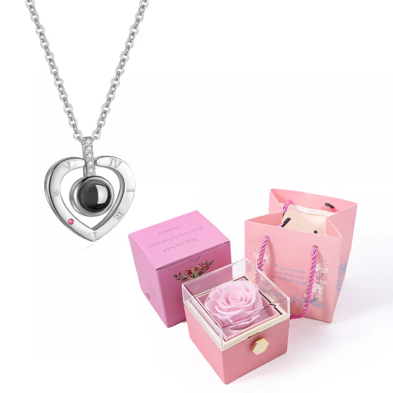 Coffret Rose Éternelle avec Collier Je t'Aime 100 Langues