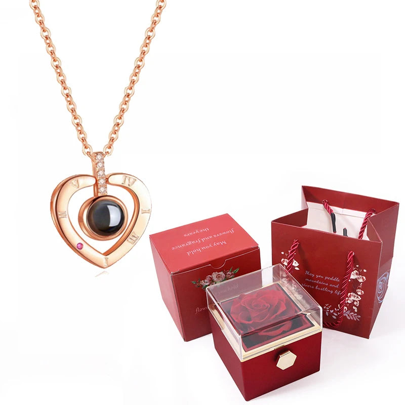 Coffret Rose Éternelle avec Collier Je t'Aime 100 Langues