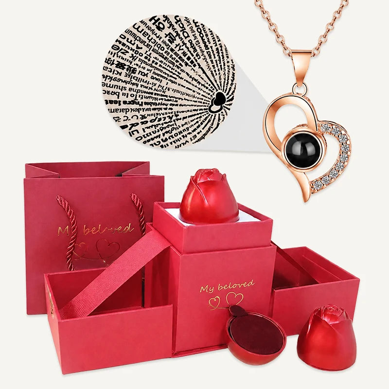 Coffret avec Collier Je T'aime 100 Langues Or Rose