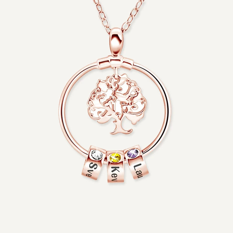 Collier Arbre de Vie Prénom avec Pierre de Naissance Or Rose