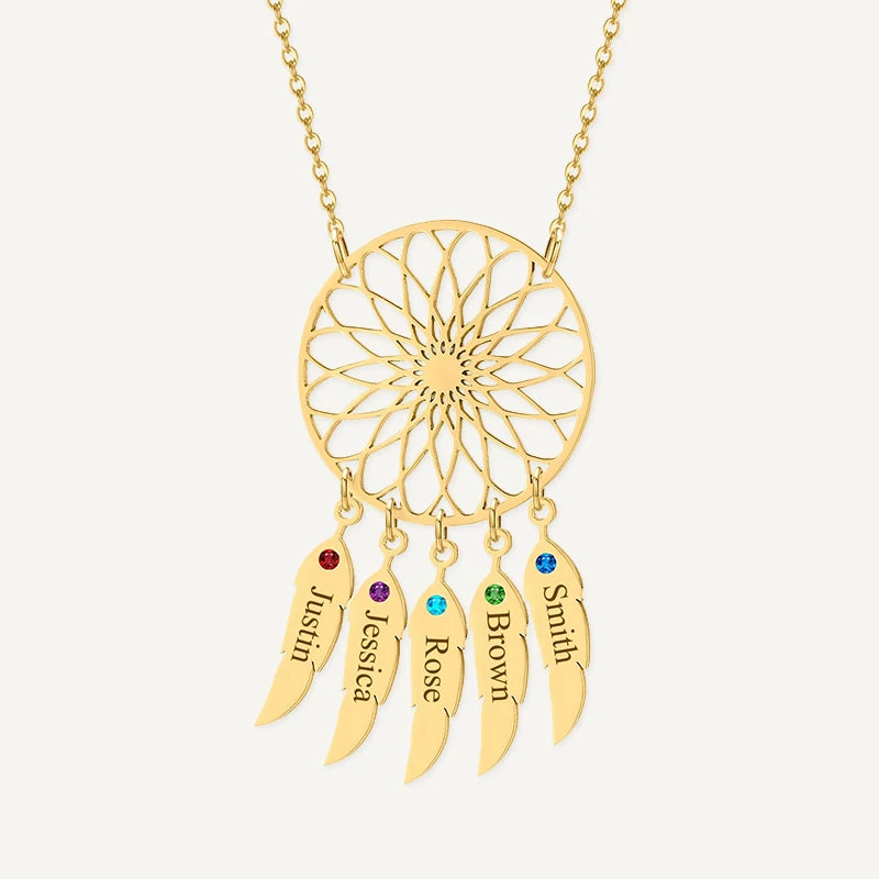 Collier Attrape-Rêves avec Prénoms et Pierres de Naissances Or