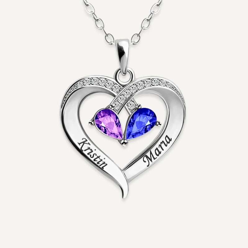 Collier Cœur 2 Prénoms Personnalisés avec Pierres de Naissances Argent