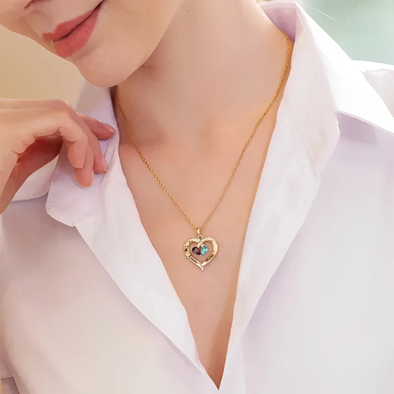 Collier Cœur 2 Prénoms Personnalisés avec Pierres de Naissances Femme