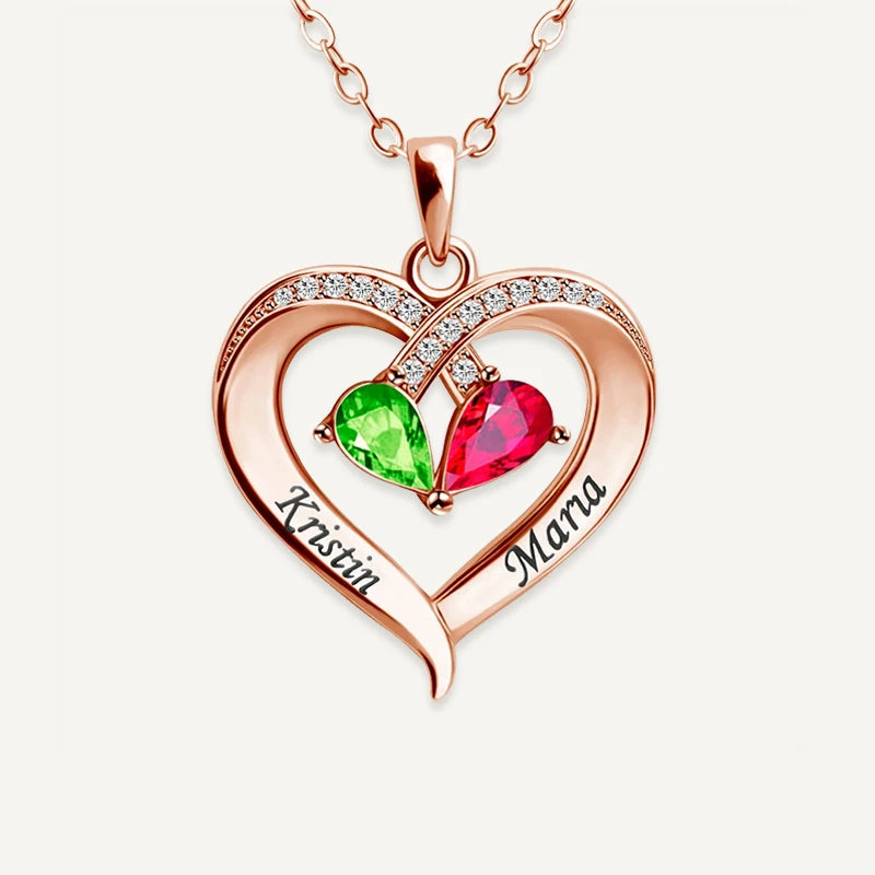 Collier Cœur 2 Prénoms Personnalisés avec Pierres de Naissances Or Rose