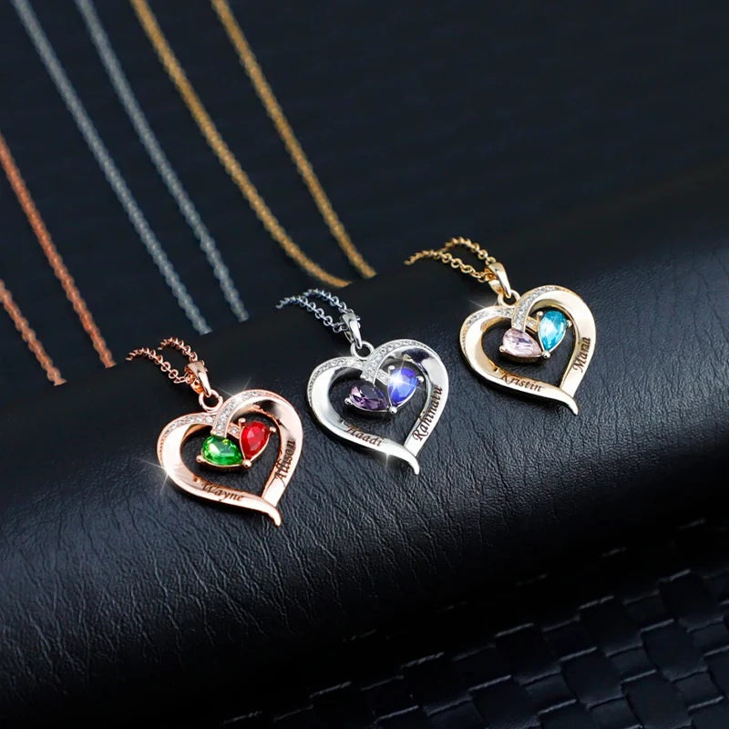 Collier Cœur 2 Prénoms Personnalisés avec Pierres de Naissances