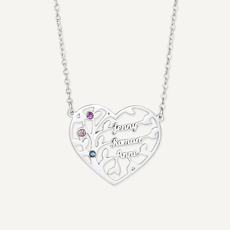 Collier Cœur Arbre de Vie avec Pierres de Naissances Argent