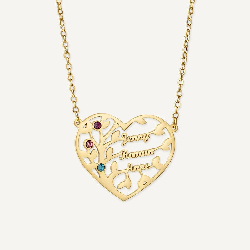 Collier Cœur Arbre de Vie avec Pierres de Naissances Or
