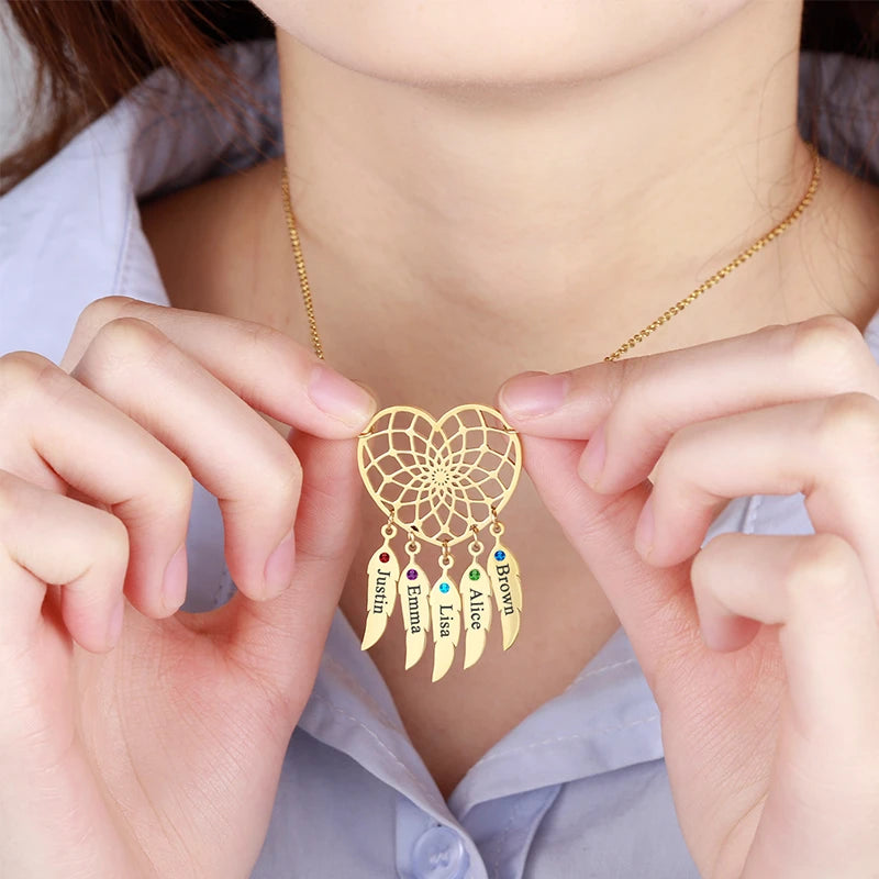 Collier Cœur Attrape-Rêves avec Prénoms et Pierres de Naissances Femme