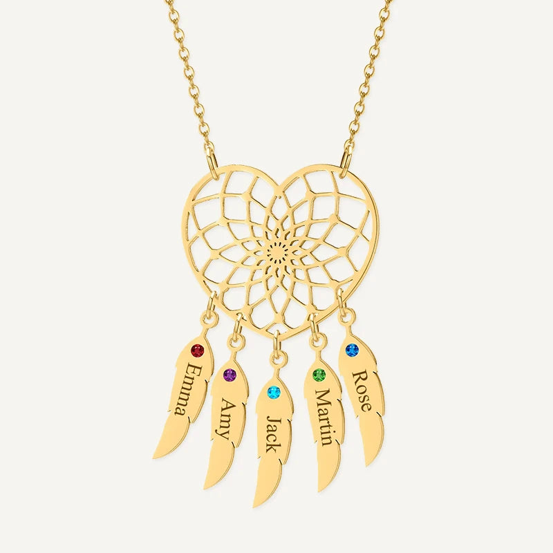 Collier Cœur Attrape-Rêves avec Prénoms et Pierres de Naissances Or