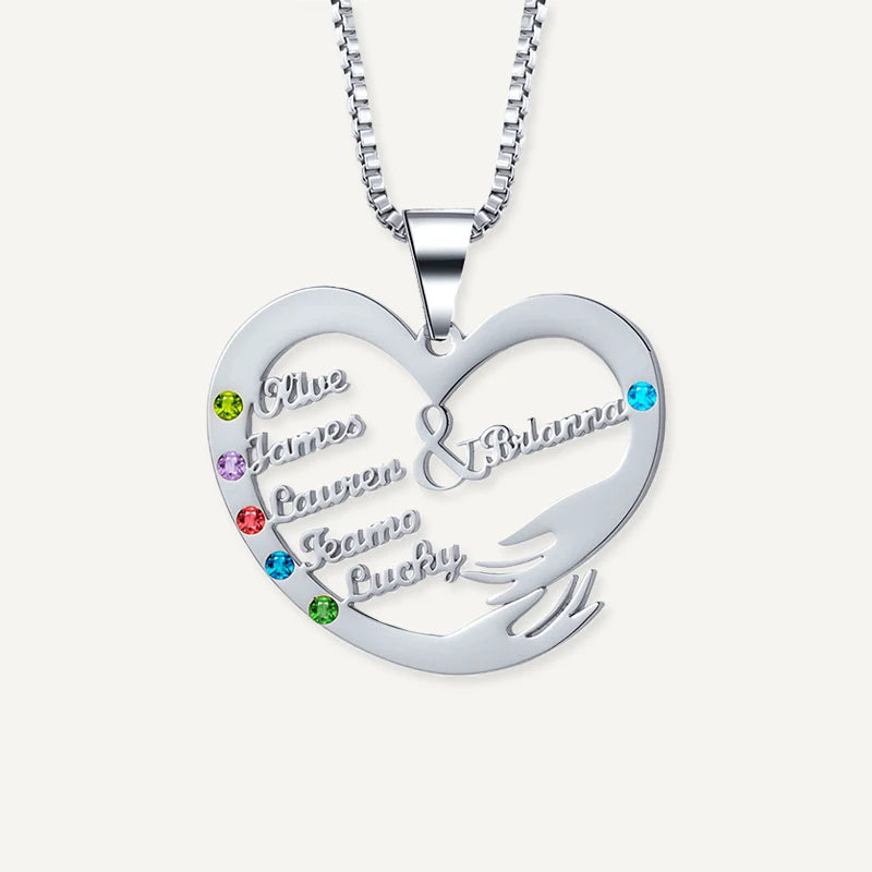 Collier Cœur Câlin Prénoms avec Pierres de Naissances Argent