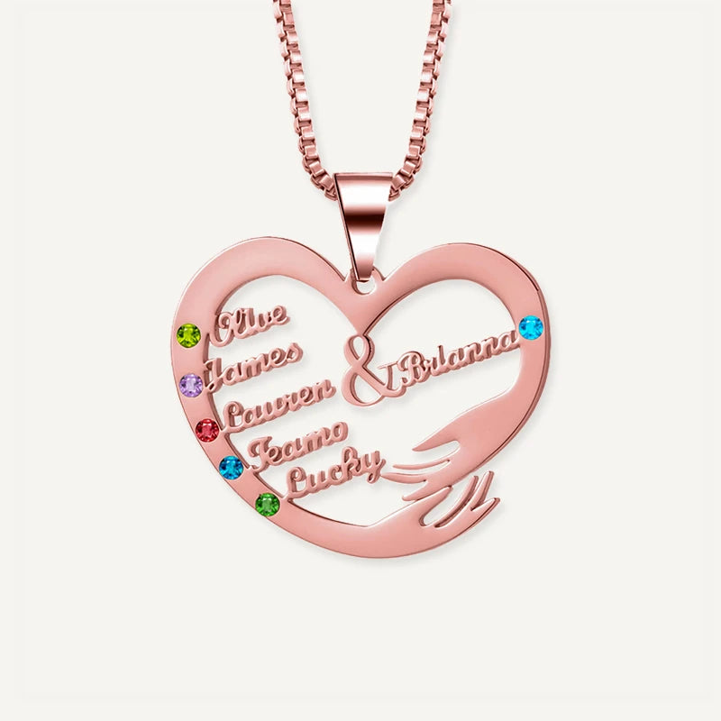 Collier Cœur Câlin Prénoms avec Pierres de Naissances Or Rose