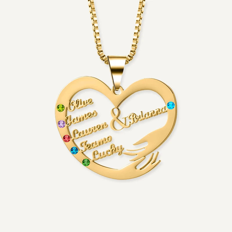 Collier Cœur Câlin Prénoms avec Pierres de Naissances Or