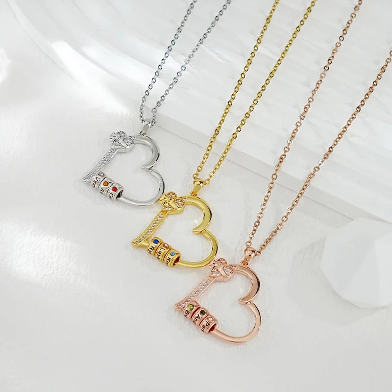 Collier Cœur Charm avec Prénoms et Pierres de Naissance
