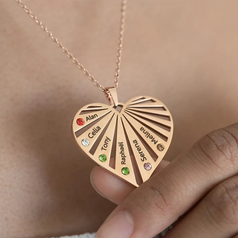Collier Cœur Personnalisé Famille avec Prénoms et Pierres de Naissance Femme