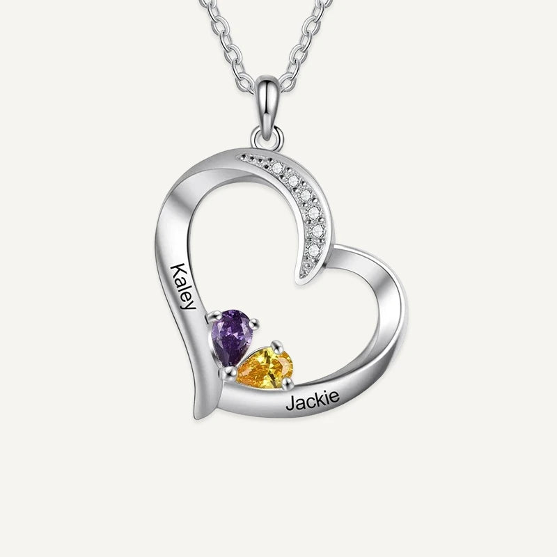 Collier Cœurs Entrelacés 2 Prénoms avec Pierres de Naissance